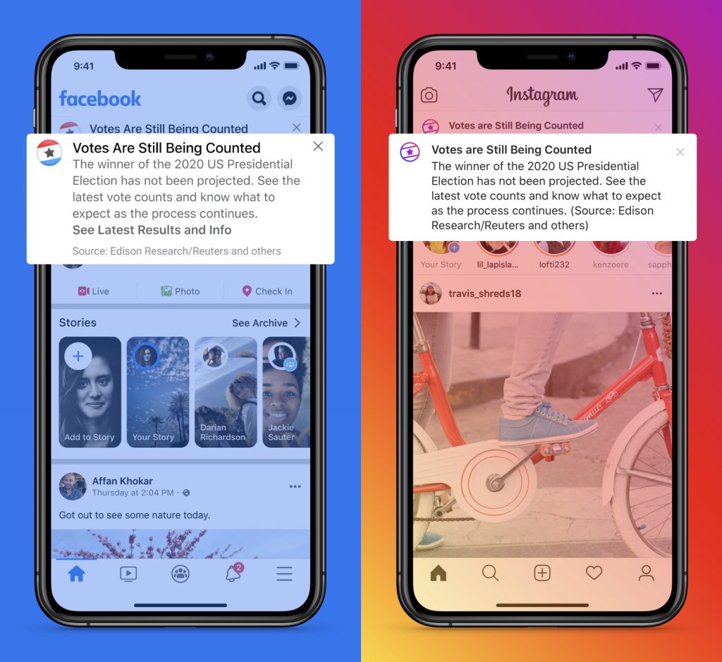 Facebook și Instagram își atenționează utilizatorii după ce Trump se proclamă învingător: Nu a fost anunțat câștigătorul alegerilor!