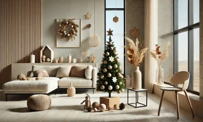 Living modern cu decor eco-friendly de toamnă și iarnă, cu ornamente din lemn, frunze uscate și un brad artificial din materiale reciclabile, într-un spațiu cu linii curate și iluminare naturală.