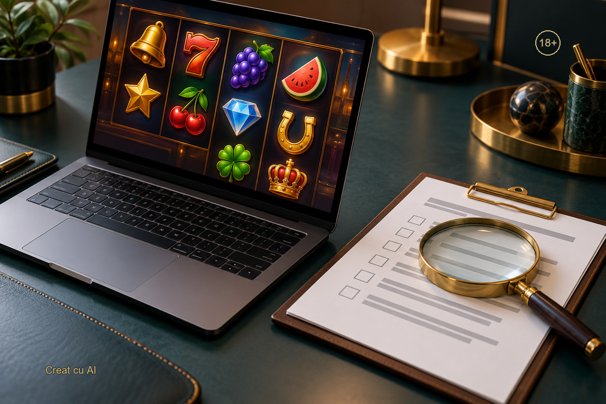 Slot online pe laptop, alături de o listă de verificare