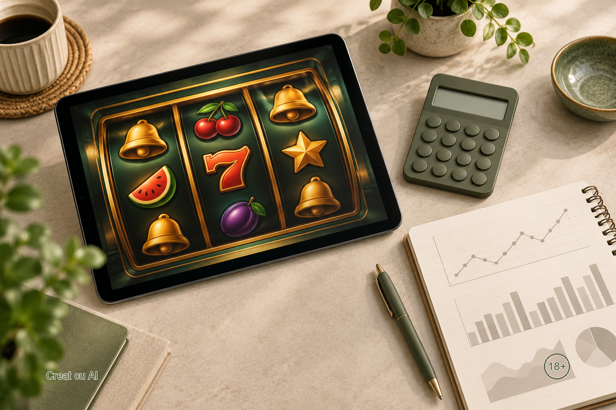 Slot online pe tabletă, lângă calculator și caiet cu grafice